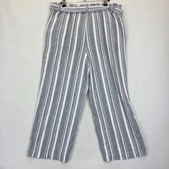 Loft Wide Leg Linen Pants Women M Gray White Striped Slash Pockets Tie Waist - Picture 2 of 11